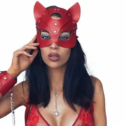 kvinnor sexig röd mask halv ansikte cosplay läder party mask kedja harn halsband maskerad boll punk jul fancy masker n9sz#