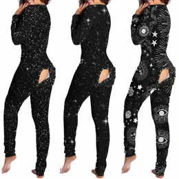 Frauen Schwarz Overall mit Gesäßklappe für Erwachsene Sexy Nachtwäsche Strampler Open Butt Pyjamas Pyjama LG Bodysuit Loungewear Onesies D9OI #