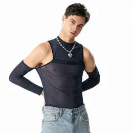 Incerun Tops 2024 American Style New Mens See-Through Mesh 버클 디자인 티셔츠 캐주얼 섹시한 중공 LG 슬리브 소매 Camiseta S-5XL X4WG#