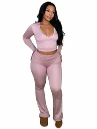 Fantoye sexy profundo decote em v rendas mulheres dois conjuntos de peças rosa lg manga camiseta cintura alta calça feminina magro casual calça terno 2024 q1eg #