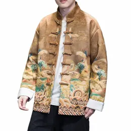 Autumn Winter Chinese Style Jacket Men's Stand Collar Butt Up China-Chic Deersskin Digital Printing Vintage Tang Suit Jacket Y6D2#