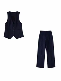 TRAF 2023 Ladies Shirt Suit Single OL SLIM FIT Linen Vest Top+Unisex Linen Pants 기본 인과 의상 R8SX#