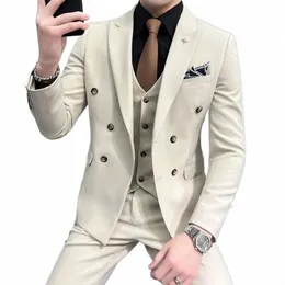 Blazer+Vest+Pants Groom Wedding Male Suits Luxury Brand Fi Solid Color Men's Castary Busin Office Double Breched Suit C3OI＃