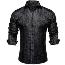 رجال LG Sleeve Black Paisley Silk Dr Drtts Disual Tuxedo Social Shirt مصمم فاخر الرجال ملابس J4mt#