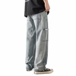 gevşek sokak tarzı düz kargo pantolonlar erkekler fi marka geniş bacak tulumu retro trend eğlence genç kot baggy 11pt#