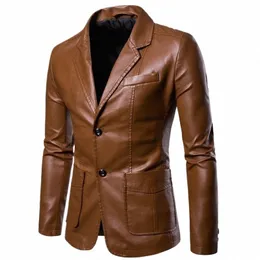 Shenrun Giacca in pelle da uomo PU Blazer in pelle Nero Vino Rosso Giallo Marrone Autunno Inverno Giacche da uomo Fi Youth Casual Blazer z53i #