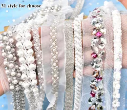 Embossing 1yards 31 Style Pearl Beaded Rhinestone Trims Sew on White Mesh Lace Ribbon for Diy Hair Clothes Wedding Dress Belt Accessories