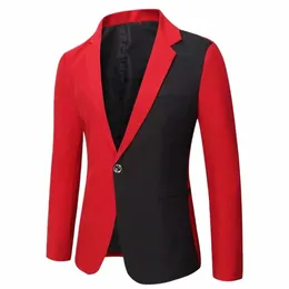 2024 novo vermelho e preto emendado terno jaqueta masculina com decote em v único butt magro ajuste blazers azul ouro sier topos casaco e6eu #