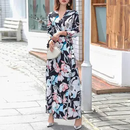 Casual Dresses Women's Blue Floral Boho Wrap Dress Long Sleeve V Neck Vestidos de Fiesta med Belted A-Line Flowy Maxi Roupas Feminina