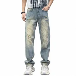 新しい2024リッピングされたメンズジーンズディストールトーンデニムの手描きのスマート服の男性i3h6＃