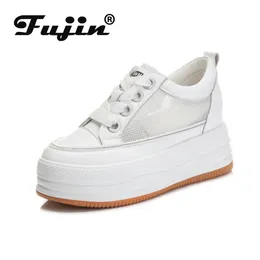 Sapatos casuais Fujin 7cm genuíno couro cunha tênis plataforma mulheres moda branco verão malha de ar