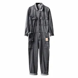 men's Lg Sleeve Multi Pockets Cargo Denim Jumpsuits Casual working Coveralls Overalls Jeans Set Gray Blue e6lE#