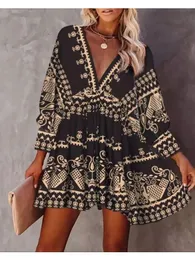 Womens Spring Loose Full Body Printed Fashion Short Skirt Vneck Pullover Long Sleeve Dress Bodycon Summer 240322