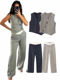 Trafza Autumn Women Solid Pants Suit Asymetryczna kamizelka z pojedynczych piersi+swobodna wysoka talia luźne tousery dwa elementy 08jb#