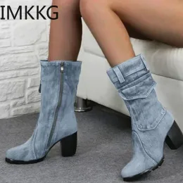 Botas 2020 Sexy Jean Boots Feminino Feminino Botta Curta Inverno de Inverno Alto Denim Boot Lady Lady Jeans Boots Zipper Sapatos Cowboy