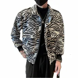 Spring Jacket Men Zebra Printed Streetwear Turn-Down Kołnierz LG Sleeve Płaszcz Koreańska swobodna kurtka bombowca mężczyzna Jaqueta Couro D9UP#