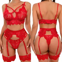 Sexig Bow Exotic Set Hollow Out Women's Underwear Erotic Cut-Out Sexig underkläder BRA Panty och Garters underkläder Set Lenceria Mujer H4MC#