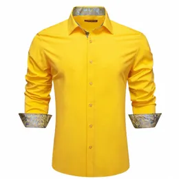 Luxo Lg Manga Camisas Masculinas De Seda Amarelo Ouro Sólido Paisley Slim Fit Blusas Masculinas Primavera Outono Casaul Tops Barry Wang J1T3 #