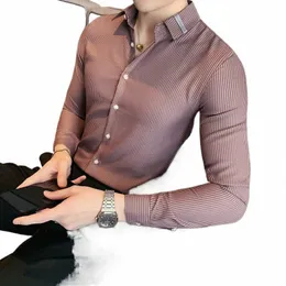 2023 저렴한 Busin 남자 셔츠 브랜드 Fi LG 슬리브 셔츠 남자 모두 매치 슬림 한 줄무늬 셔츠 남자 정식 착용 블라우스 homme d1v2#