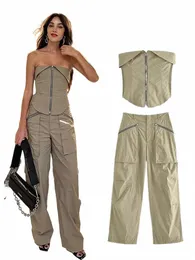 Trafza 2024 Women's Summer Fi Cargo Set dragkedja strapl Skinny Tube Top Fi Zipper Pocket Women's Sweatpants Set av 2 W5ml#