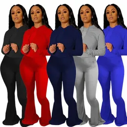 Neue Active Wear Damen -Set -Kapuzen -Tops Weitbein Flare Bod Bottom Hosenanzug Tracksuit zweiteilige Set Fitn Outfits I0x9#