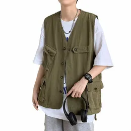 gilet Uomo Gilet Cargo Abbigliamento Multi tasche Adolescenti Studenti All-match Stile giapponese High Street Hipsters Pure Baggy Scollo a V w3CO #