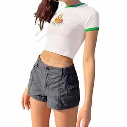 Frauen Vintage elastische niedrige Taille Cargo-Shorts Sommer lässig feste kurze Overalls Hosen mit Taschen für Nachtclub Streetwear c3MA #