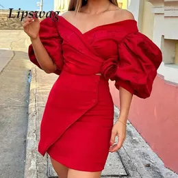 Work Dresses Elegant Three-Dimensional Flower Solid Color Suit 2024 Lantern Sleeve Slim Two-Piece Sexy Off-Shoulder Top And Mini Skirt