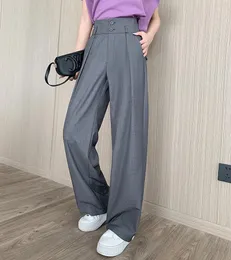 Damenhosen Chic Frauen Grau Gerade Lose Büro Damen Breites Bein Anzug Hohe Taille Hose 2024 Frühling Sommer Pantalon W829