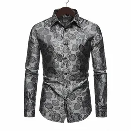 Men Fi Dr Shirt Floral Print Męskie Fit LG Sleeve Shirt Lap Casual Bluzka na wiosnę/jesienna róża FR dla mężczyzn H88J#