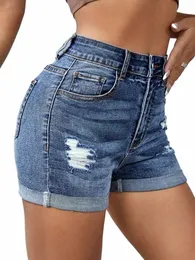 2023 Sommaren Nya kvinnors mitten av midjan rippade denimshorts fi Sexig elastisk rullad mager jeans shorts S-2XL Drop Ship H4V4#