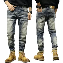 newly Fi Designer Men Jeans Retro Blue Stretch Slim Fit Elastic Ripped Jeans Men Vintage Trousers Casual Denim Pants Hombre E1eS#