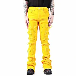 kakan - Europe and The United States New Persality Patch Fringe Jeans Men's, High Street Slim Lg Yellow Jeans K9-2323 F663#