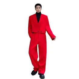 Syuhgfa Elgance Herren Blazer Fi 2024 Neue Persality Kleidung Koreanische Luxus Rot V-Ausschnitt Anzug Mantel Trend Männlich Busin Q1gW #