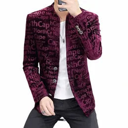 Purple Velor Elegant Mens Blazers Slim Fit Veet Claret Jackets Mandarin Collar China Stylish Clothing New Fi Brown Prom T9JZ#