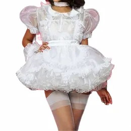 french Hot Selling Sexy Sissy Pink White Satin Shoulder Sheer Suspender Fluffy Lace Gothic Maid Costume Customizati f9M2#