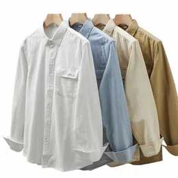 Dukeen skjortor för män vår- och höstfickor Cott Solid Color White Plain Shirt LG-ärmade toppar Herrkläder S4E6#