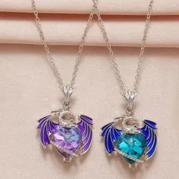 Catene Collana con ciondolo drago di colore blu viola per donne Ragazze Moda delicata Anno del cuore Gioielli con strass