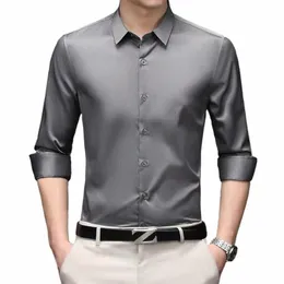 korean Fi Men Lg Sleeve Smooth Shirts Spring Summer Streetwear New Oversized Slim Grey Busin Office Casual Social Tops c2MR#