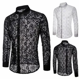 Girare verso il basso Colletto Cott Camicie da uomo Manica Lg Butts Camicia da uomo Tinta unita Sexy Lace See Through Clubwear Down Shirt 66F5 #