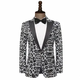 hoo 2024 Blazer da uomo con paillettes color blocking con stampa leopardata Cantante ospite Blazer da performance sul palco x2mr #