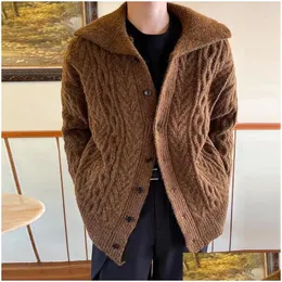 Mens Sweaters Luxury Knitted Jacquard Turtleneck Sweater Long Sleeve Casual Streetwear Cardigan Buttons Solid Color Vintage Coat Drop Dhvye