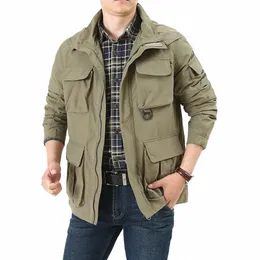 spring Autumn Outdoor Mens Jacket Multi Big Pockets Hooded Casual Blouse Loose Mountaineer Outwear Men's Tops Plus Size M-7xl6x p29n#