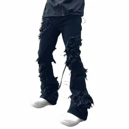 High Street рваные кисточки с потертостями черные джинсы-клеш брюки мужские прямые однотонные Wed ретро унисекс мешковатые джинсовые брюки F46P #