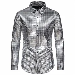 shiny Plaid Sier Dr Shirts For Party 2024 Brand New Banquet Prom Tuxedo Shirts Stylish Trend Nightclub Stage Chemise Hombre M3jb#