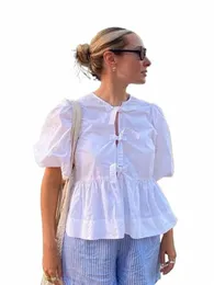 trafza Fi Solid Hollow Out Shirt Women Causal O Neck Short Sleeved Lace Up Tops Chic Female Casual Blouse Streetwear 2024 n7E8#