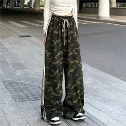 Calças femininas retro lado listrado camuflagem macacão hiphop picante menina rua cintura elástica perna larga esportes casuais para mulher