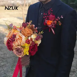 Fiori nuziali NZUK Romantico bouquet di seta arancione Fiore per la sposa 2024 Supporto artificiale Real Touch Accessori da sposa