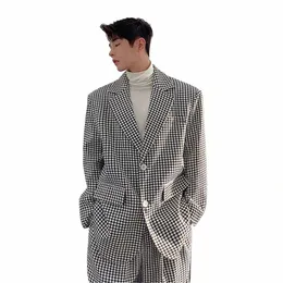 Män koreanska streetwear fi överdimensionerad lös casual pläd blazers kostym jacka manlig vintage hiphopkläder