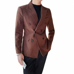 2022 Autumn And Winter Men's Corduroy Double-Breasted Suit Coat Jackets High Quality Slim Fit Casual Blazers Gift For Husband 51WO#